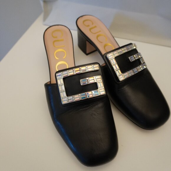 Gucci Madelyn Mules Crystal Logo Black Leather Size 38 8 - Picture 3 of 7